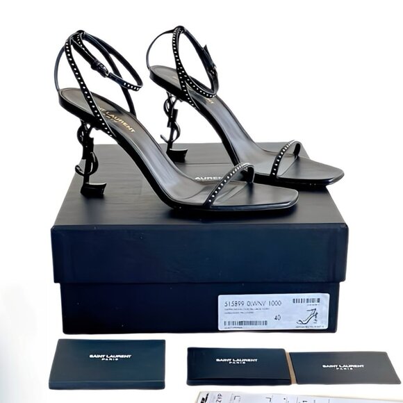 Saint Laurent Opyum 85 Black Nappa Leather Tiny Studs Black YSL Logo Heels 39.5 - Picture 1 of 16